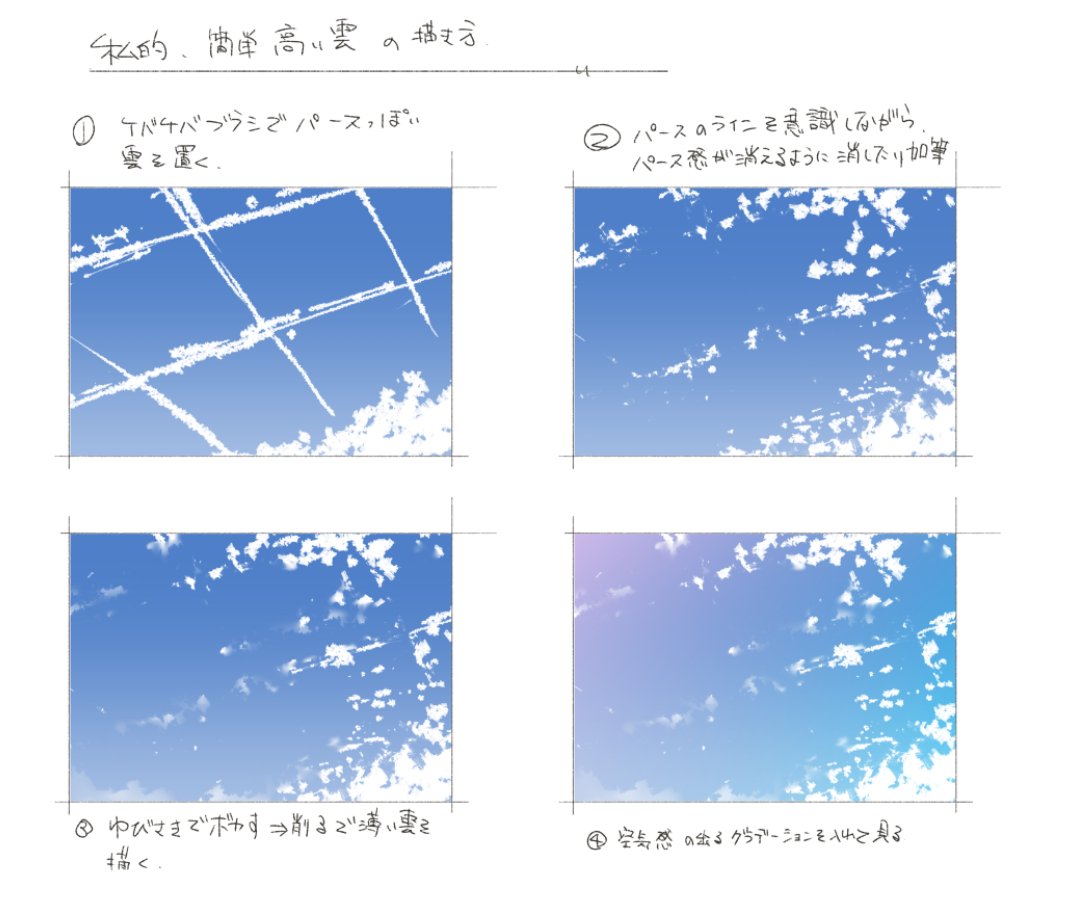 BunasForest's tweet image. ちょっと背景ほしいけど時間がない！という時の
それっぽい空の描き方（私的）