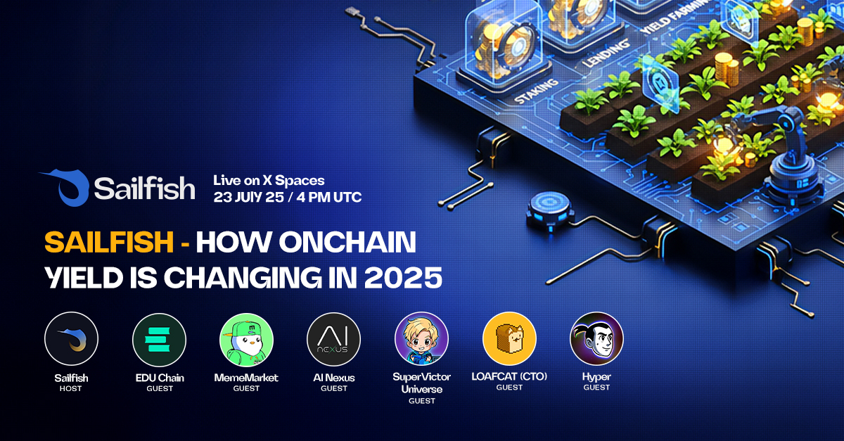 SailFishFinance's tweet image. 📢 SailFish X Space
🗓Wednesday, July 23
🕓 4PM UTC
Topic:
How Onchain Yield is Changing in 2025
The yield meta has shifted.
Protocols are evolving.
Strategies are getting smarter.
Join us tomorrow as we discuss this shift with guests:
@MemeMarketFun, @_AI_Nexus,…