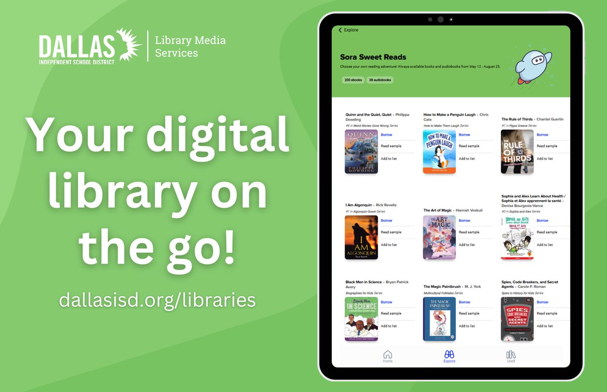 Dallas ISD Libraries (@disd_libraries) on Twitter photo 📚Your library, anytime, anywhere! With Sora, DISD students can borrow ebooks and audiobooks all summer long. Start your next reading adventure now: dallasisd.org/libraries
<a href="/DISDLibrarian/">Patricia Alvarado</a> <a href="/CharissaGovan/">Dr. Charissa Govan</a> #DallasISDLibraries #DallasISDReads #SummerReads #Sora #ebooks #Audiobooks 📚Your library, anytime, anywhere! With Sora, DISD students can borrow ebooks and audiobooks all summer long. Start your next reading adventure now: dallasisd.org/libraries
<a href="/DISDLibrarian/">Patricia Alvarado</a> <a href="/CharissaGovan/">Dr. Charissa Govan</a> #DallasISDLibraries #DallasISDReads #SummerReads #Sora #ebooks #Audiobooks