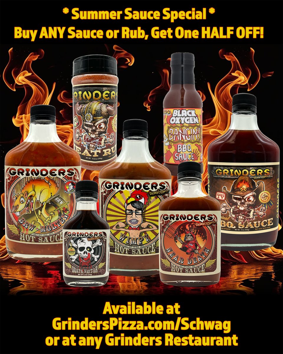 The best 2-FER deal around - buy ANY sauce or rub, and get a 2nd HALF OFF.We have everything from heat to sweet! Your taste buds will thank you.
Get your sauces on our site bit.ly/4lFJe6S or at any Grinders restaurant.