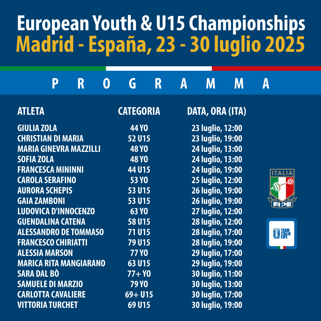 Talenti Azzurri FIPE pronti per la pedana degli Europei Youth &amp; U15 di Madrid
💪
L’Italia si presenta a questo appuntamento con 18 atleti.
Segui gli speciali quotidiani alle 12:00 suyoupowertv.com 
👇
#talentiazzurrifipe #europeanchampionships #youpowertv #liftyourdream