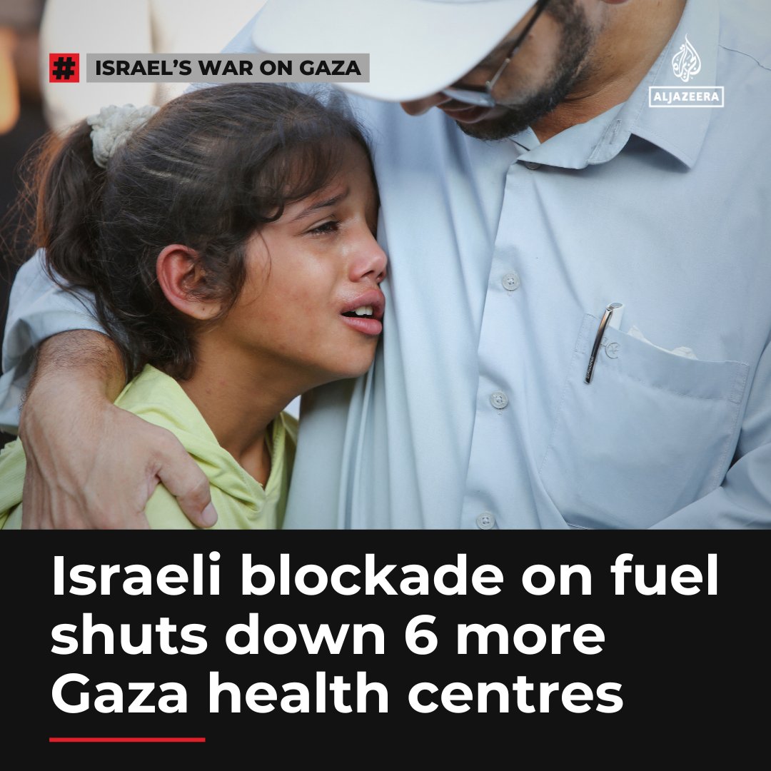AJEnglish's tweet image. Six more medical facilities in besieged Gaza have suspended operations including the Public Service Hospital and the Central Oxygen Station after Israel’s “insistence” on preventing the WHO from delivering fuel to hospitals.
🔴 LIVE updates: aje.io/rrqq3l