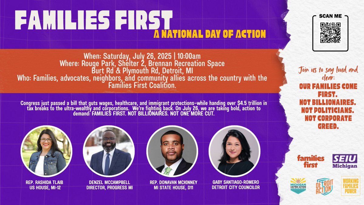 MichiganSeiu's tweet image. Our families come first.
Not billionaires.
Not politicians.
Not corporate greed.
Join us in Detroit this Saturday to fight back against Congress’ harmful cuts and policies. RSVP here: mobilize.us/s/Z6BJ6x