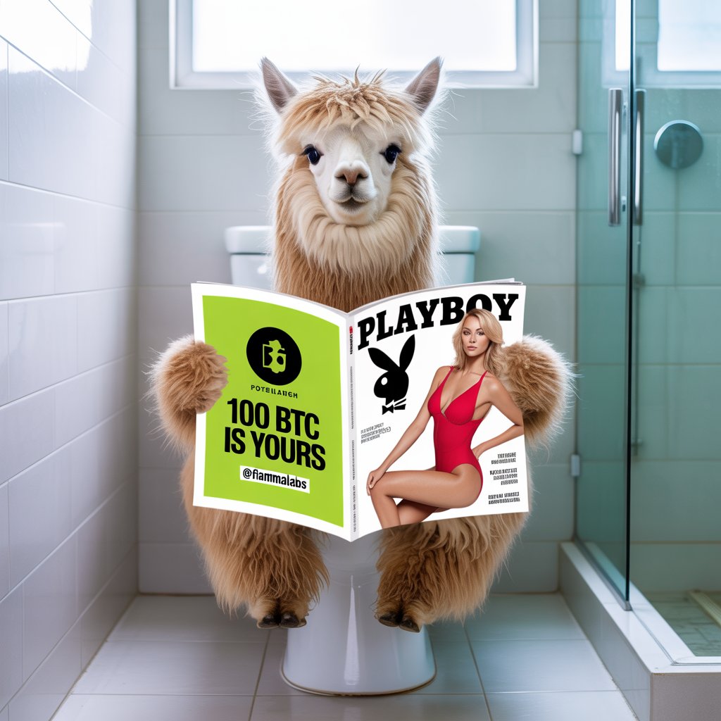 BloknotReanimat's tweet image. I was reborn in the body of an alpaca on a toilet 🚽… hooves clutch a glossy men’s mag ✨, its centerfold flashes “100 BTC is yours” 💸 with a link to @fiammalabs I tossed diamond-studded hay into the cart 💎🛒. Fiamma, I’m loving this life! #thealpacashow #GotBTCinFiamma