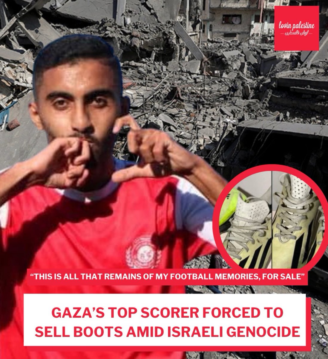 RyanRozbiani's tweet image. Palestinian footballer Hamada Saleh, the top scorer for Al-Ahly Gaza, has been forced to sell his boots to feed his starving family