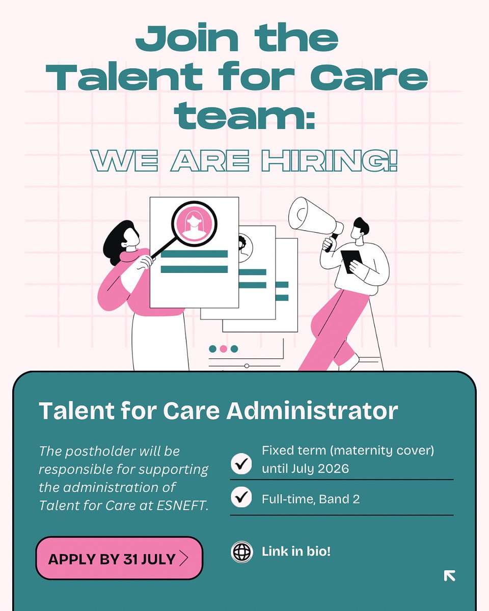 esneft_talent's tweet image. 🚨Join our team!🚨
We’re looking for a friendly and enthusiastic administrator to join our team. This will be a fast-paced and varied role, supporting the administration of Talent for Care 🤩
Find out more and apply via the link in our bio 🔗
