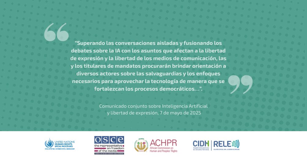 En su comunicado conjunto de mayo de 2025, las y los titulares de mandatos sobre #LibertadExpresión reafirmaron la importancia de los foros internacionales y de la colaboración para el diálogo sobre los avances relacionados con la IA. #RELECIDH

oas.org/es/CIDH/jsForm…