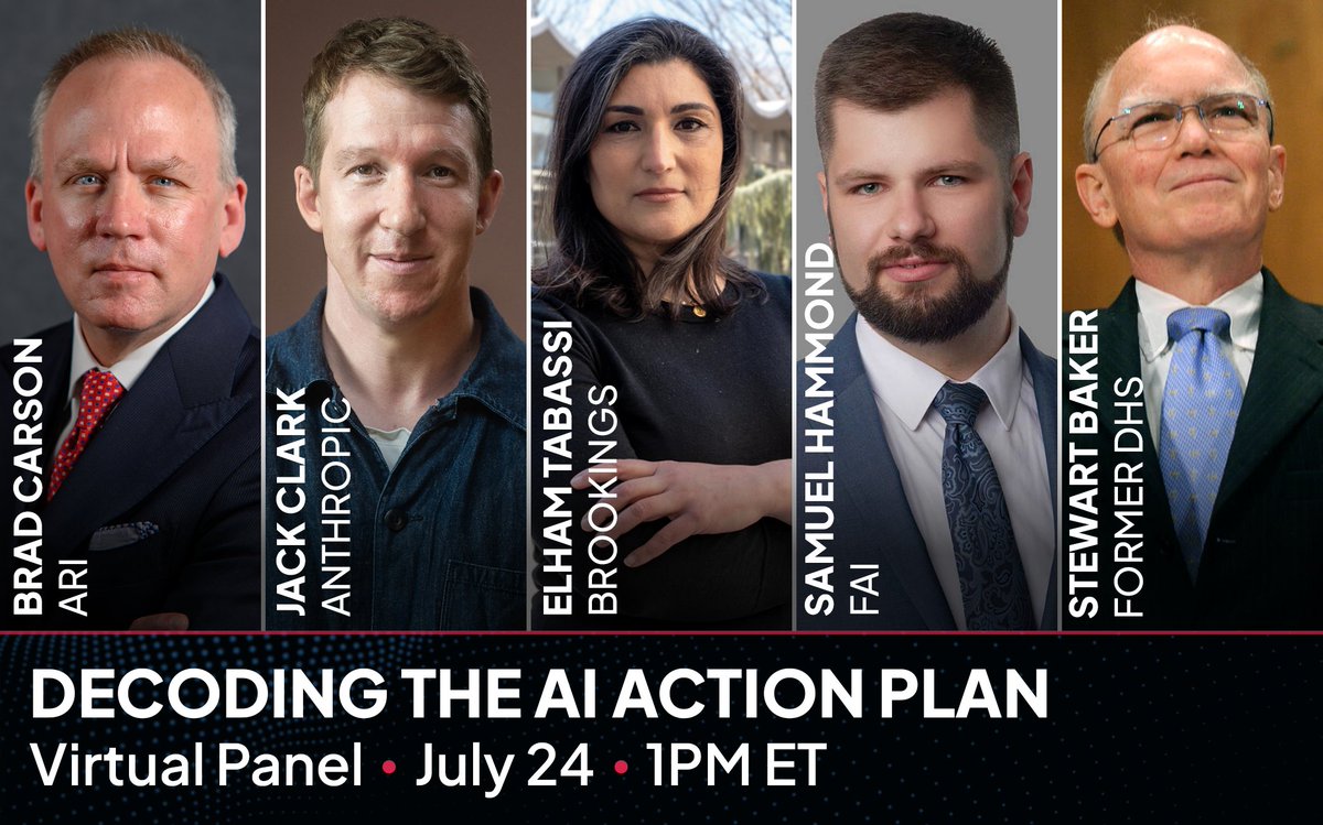 americans4ri's tweet image. Tomorrow President Trump releases his AI Action Plan.
On Thursday, we dig into the details with a panel of experts. Hear from Brad Carson, Jack Clark, Elham Tabassi, Samuel Hammond, and Stewart Baker as we analyze the plan.
RSVP: zoom.us/webinar/regist…