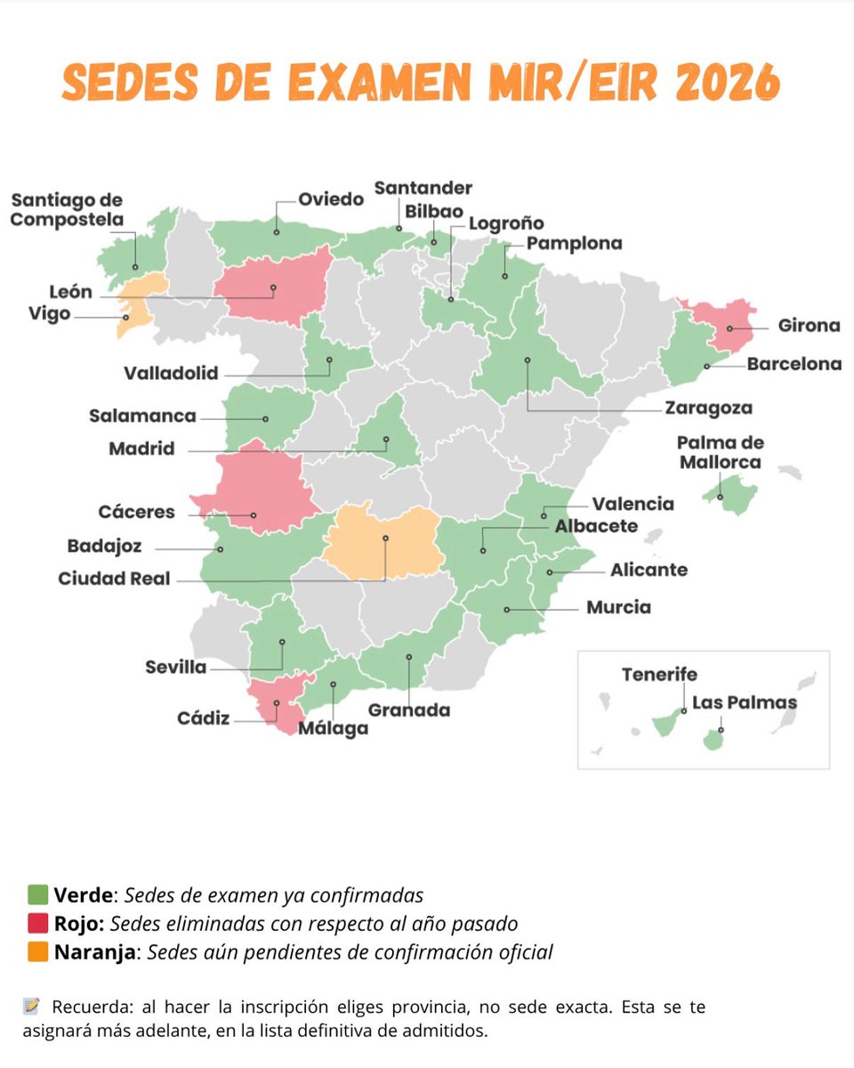 📍 ¿Dónde te examinas del MIR/EIR 2026?
Estas son las sedes de examen según la información actual.
 
💬 ¿Y si te toca desplazarte? Aquí van algunos datos orientativos:
 
🚗 Distancias aproximadas entre provincias afectadas:
•🟢 Cádiz → Sevilla: 1h 15min
•🔴 Cádiz → Málaga: