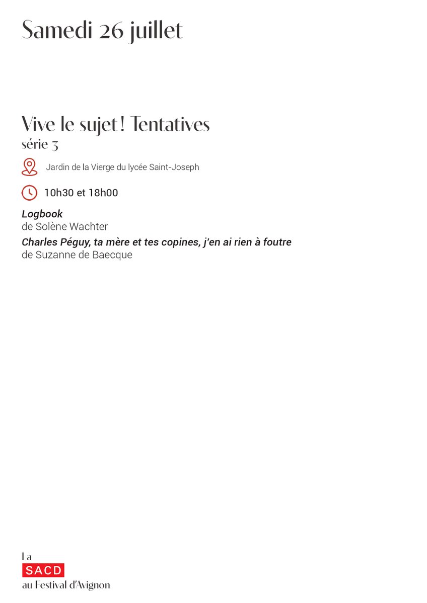 SACDParis's tweet image. #avignon
Demain au Festival d'Avignon, c'est la fin pour 𝐕𝐢𝐯𝐞 𝐥𝐞 𝐬𝐮𝐣𝐞𝐭 ! 𝐓𝐞𝐧𝐭𝐚𝐭𝐢𝐯𝐞𝐬 série 3, avec la dernière des créations inédites portées par Solène Wachter et Suzanne de Baecque, à 10h30 et 18h.