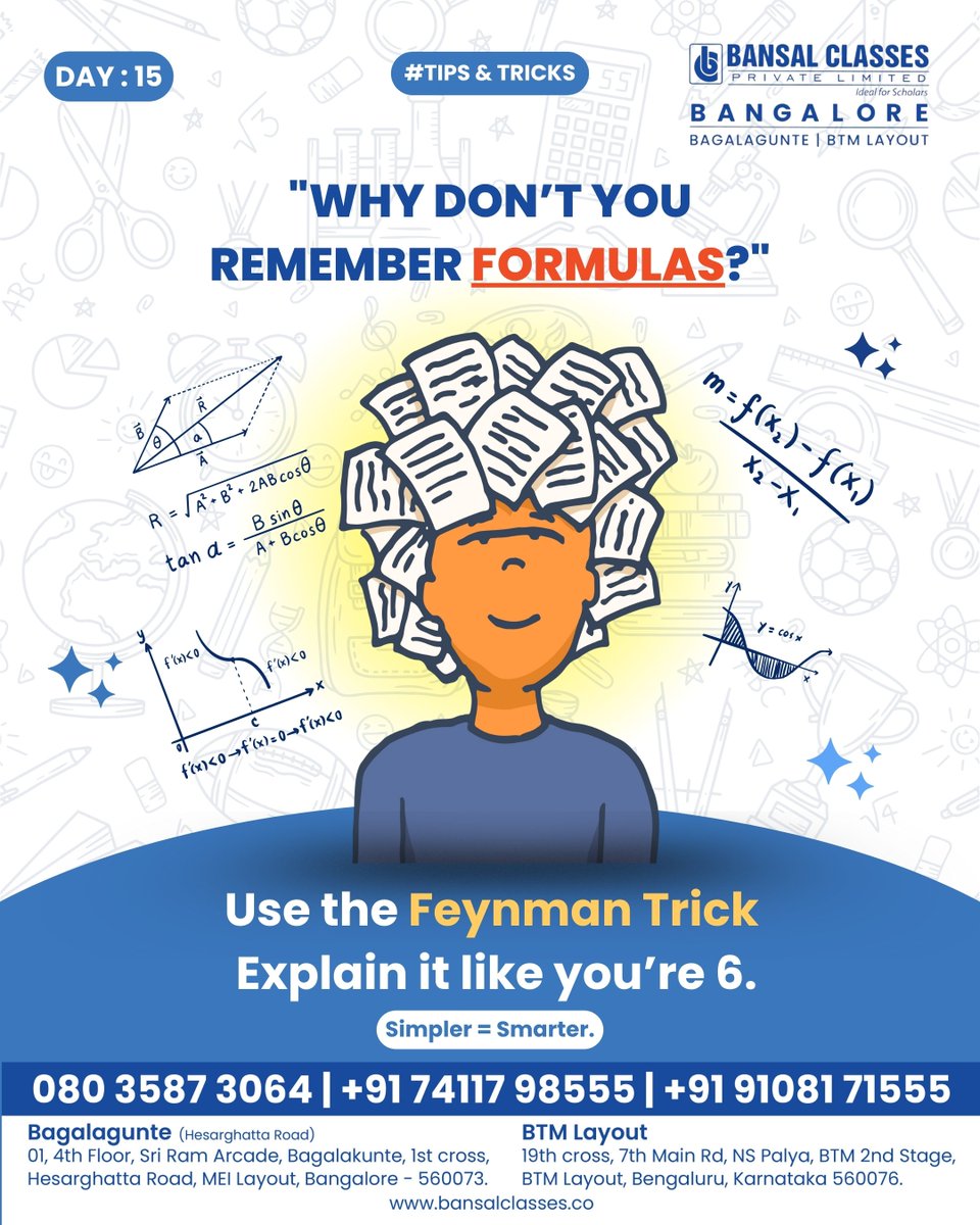 bansalbangalore's tweet image. Why don’t you remember formulas?Use the Feynman Trick: explain formulas like you’re teaching a 6-year-old. Simplifying deepens understanding and retention. Simpler = smarter!#FeynmanTechnique #FormulaHacks #NEETPrep #JEEPrep #StudySmart