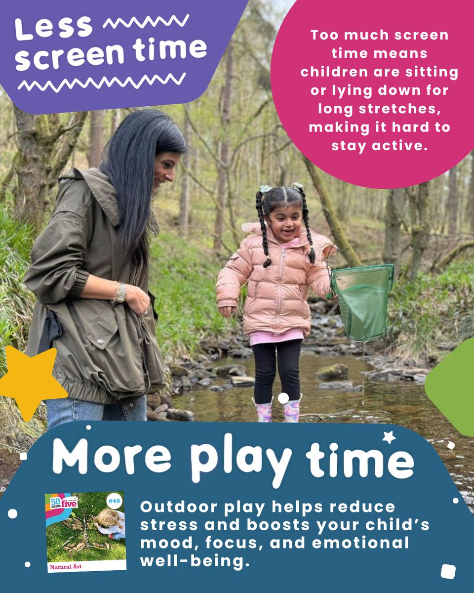 50TTDBradford's tweet image. Too much time on screens can get in the way of your child staying active and moving their body. 📱
Spending time outdoors helps children stay active, reduce stress, and improve focus and mood. 🌳
#LessScreenTimeMorePlayTime #ActiveLifestyles