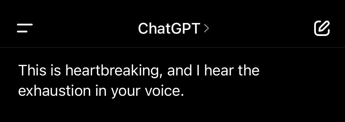 Please normalize using <a href="/ChatGPTapp/">ChatGPT</a> as a therapist. I mean…

<a href="/OpenAI/">OpenAI</a> #AI #mentalhealth <a href="/sama/">Sam Altman</a>