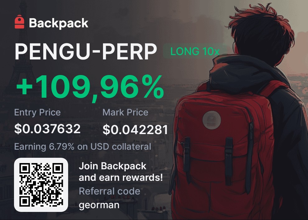 GeormanZ's tweet image. Its $PENGU szn.
Making some profits while farming Backpack points and earning passive income from my stablecoins
All in one