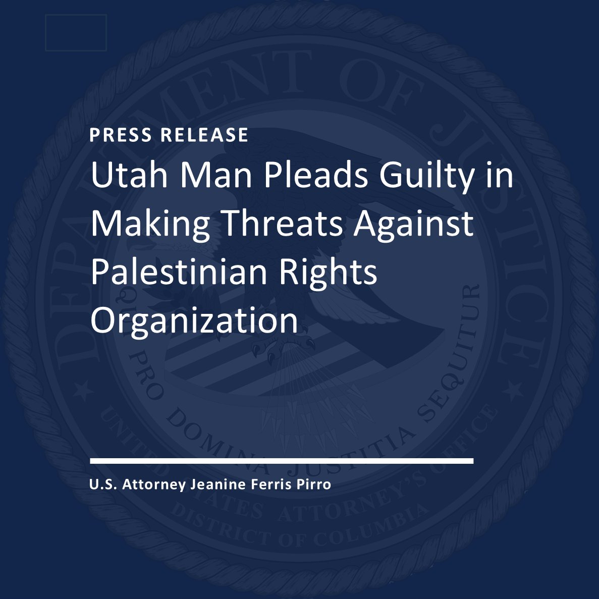 USAO_DC's tweet image. Utah Man Pleads Guilty in Making Threats Against Palestinian Rights Organization
🔗justice.gov/usao-dc/pr/uta…
@USAttyPirro @FBIWFO @FBISaltLakeCity @USAO_UT @CivilRights