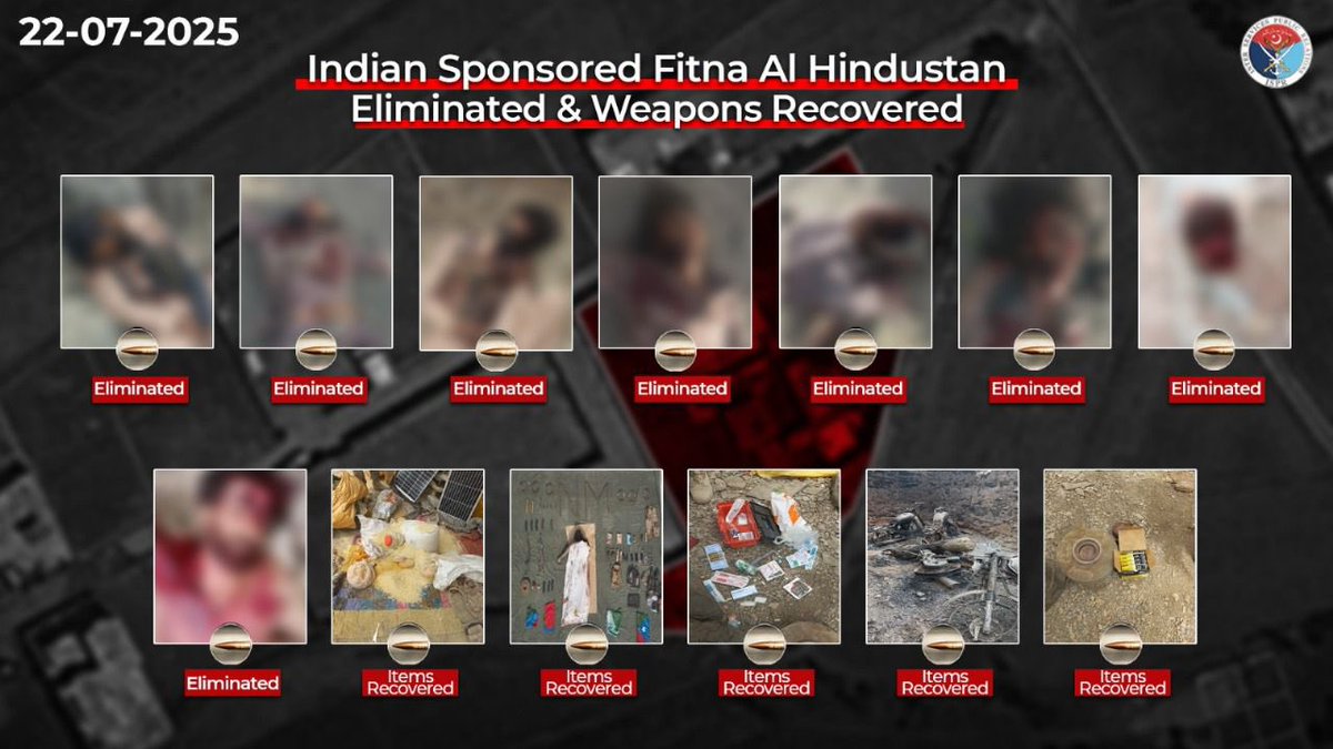 OfficialDGISPR's tweet image. Following the successful intelligence based operation conducted by the security forces in Kalat District of Balochistan on 19 July 2025, during which 4 x terrorists belonging to Indian proxy, Fitna al Hindustan were sent to hell; on 21 July 2025, a deliberate sanitization…