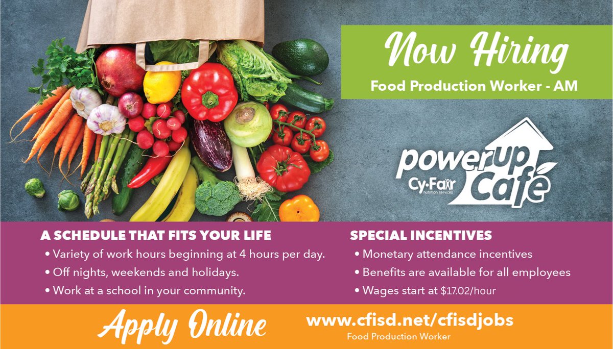 PowerUpCafe's tweet image. WE'RE HIRING!! We have great starting hourly pay, and we're ready for you to help Serve Food and Love with Care!! Go to cfisd.net/cfisdjobs, search the position you want, and apply today!!
Food Service Worker: $16.32/hr
Food Production Worker: $17.02/hr
Delivery Drivers:…