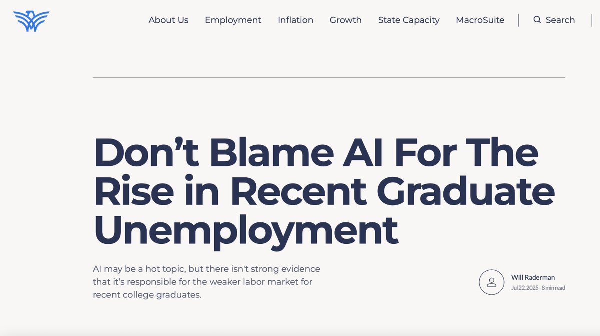 RadWill_'s tweet image. A lot of people are blaming AI for grads’ poor outcomes, but I find the evidence for this claim is surprisingly thin.
Excited to release a new analysis w/ @employamerica on the labor market performance of recent college grads. 🧵