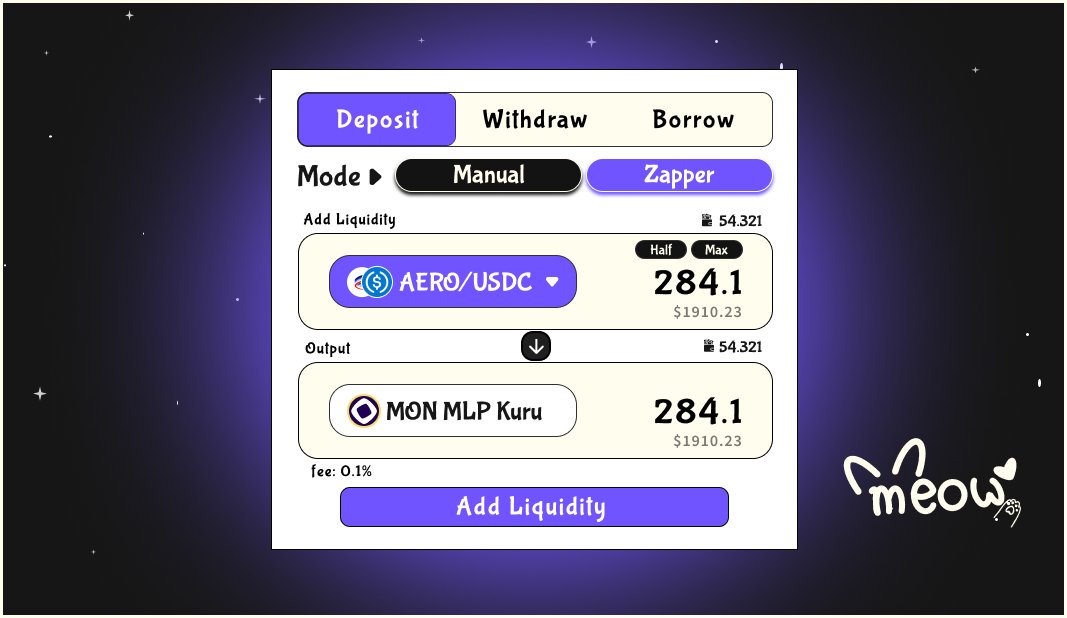 MeowFi_'s tweet image. How many transaction do you think it takes? 

You&apos;re starting with Aero/USDC @AerodromeFi position on Base and want to deposit into our Flex vault of Mon/Wmon for @KuruExchange on Monad.

With us? just 1 🤍

Drop your guesses for manual transaction count, you might be in for a…