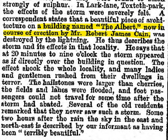 Liverpool1207's tweet image. The partially built Albert Hotel on Lark Lane was struck by lightening on 22nd July 1873.... hailstones larger than cherries 🍒 ⛈️🍺