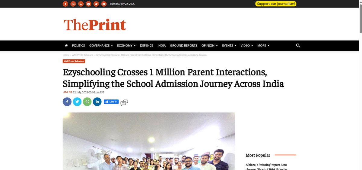Ezyschooling has crossed 1 million parent interactions, becoming India’s top destination for school discovery.

Proud to be featured in ANI, The Print, Business Standard, Tribune India, Lokmat Times, and Dailyhunt.

This is just the beginning.

Read Full:  bit.ly/3IFqk1m