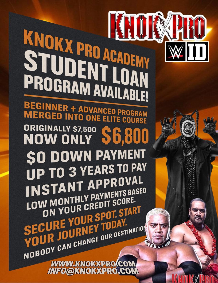TheREALRIKISHI's tweet image. #Repost 🫡
@knokxpro 💥 Train Now. Pay Later. 💥
Dreaming of becoming a pro wrestler, manager, referee, or announcer? At KNOKX PRO, we’ve got your back. Our Student Loan Program lets you start training NOW—no upfront cost.
💪 No excuses. Just opportunity.
🎓 Build your future…
