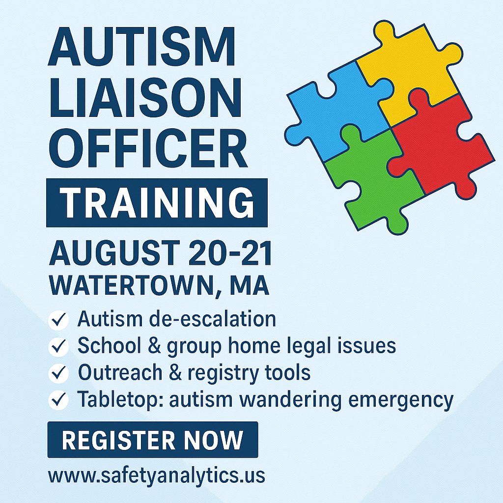 🚨 Autism Liaison Officer Training
📍 Watertown, MA | Aug 20–21
👮‍♂️ Police, Fire, EMS, Schools &amp; more
🎯 Field-tested tools for autism response, prevention &amp; outreach
📲 Register
#Autism #LawEnforcement #CommunityPolicing #FirstResponders