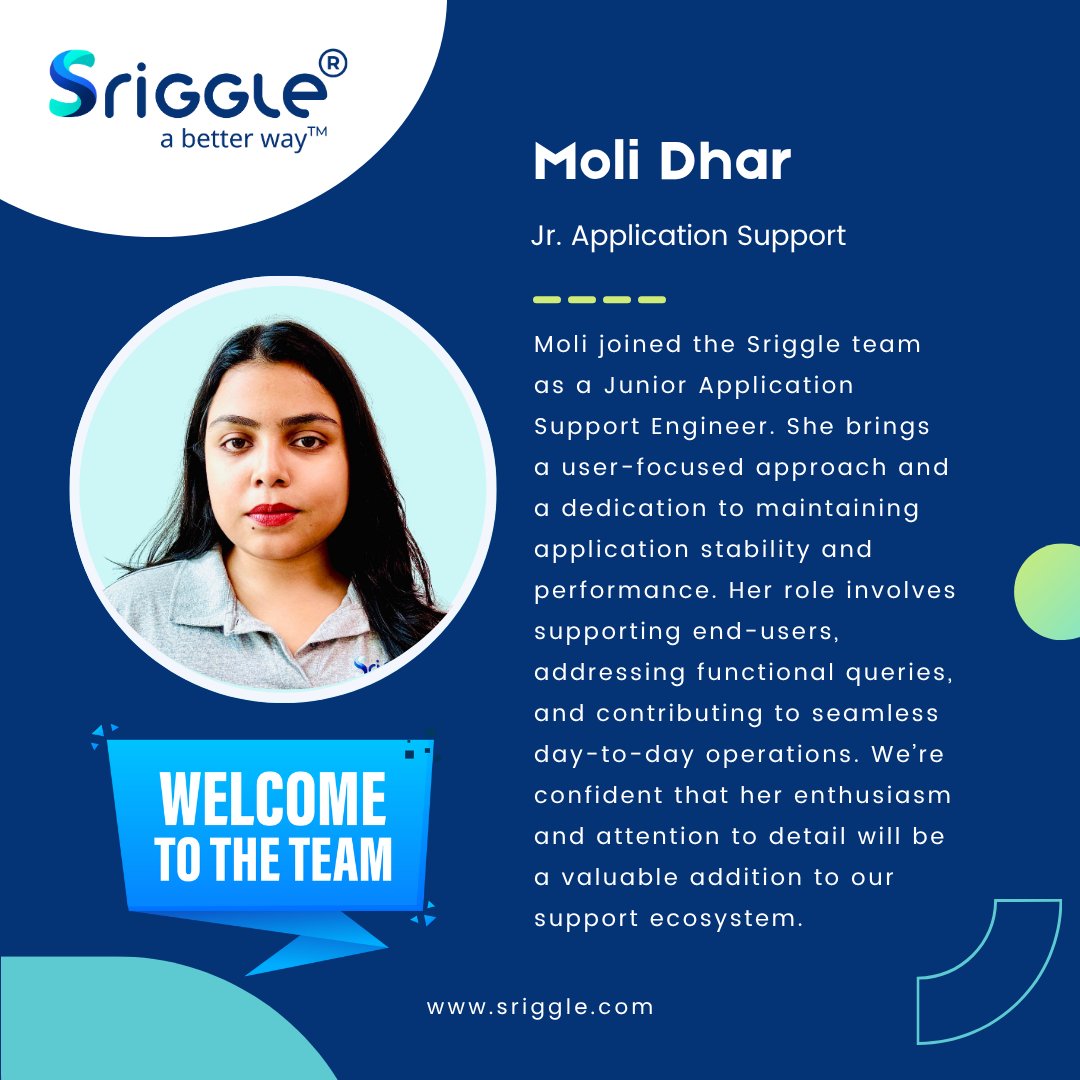 sriggletech's tweet image. Excited to welcome Moli to the Sriggle team as a Junior Application Support Engineer! Her dedication to user support and smooth operations makes her a great addition to our journey.
. 
.  
.   
#JuniorApplicationSupport #UserSupport #WelcomeToTheTeam #SriggleTeam #NewJoiner