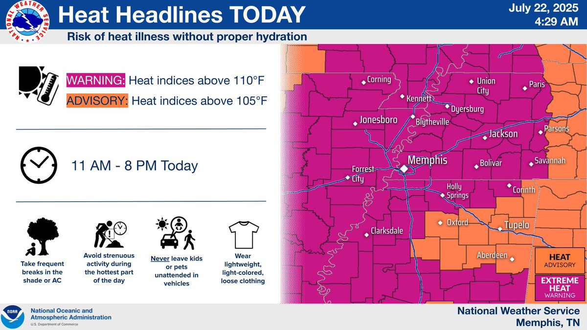LafayetteEMA's tweet image. 🚨 HEAT ADVISORY for Lafayette Co. today (7/22)
🥵 Heat index in Oxford: 104°F
🕚 11AM–8PM = dangerous temps!
⚠️ Stay safe:
💧 Hydrate
🌳 Rest in shade/AC
🚫 No kids/pets in cars
👕 Wear light clothes
Heat stays high all week!