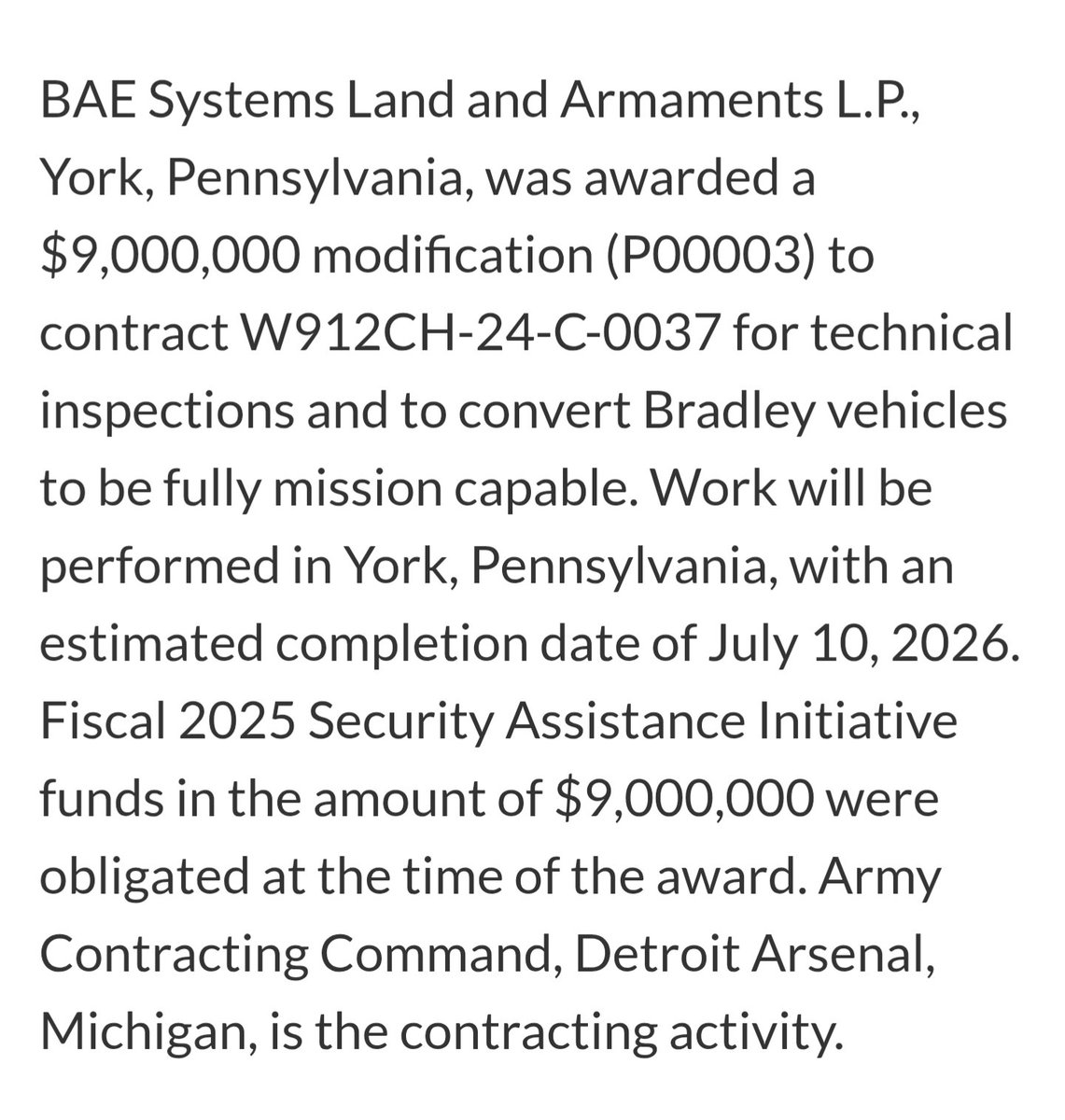 ColbyBadhwar's tweet image. 🇺🇸🇺🇦 Small, but significant
The Trump Admin has made what appears to be their first commitment and obligation of new security assistance funds to Ukraine.
$9 million in FY 2025 Security Assistance Initiative funds were awarded to BAE to refurbish Bradley fighting vehicles.
A…