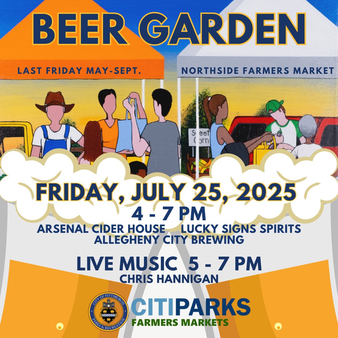CitiParks's tweet image. ICYMI: We’ve got something special brewing the last Friday of every month at the Northside Farmers Market!
Meet us at the Market, then join us in the Beer Garden! Friday, July 25th
4-7 PM
Featuring @ArsenalCider @LuckySignSpirits @AlleghenyBrew + live music w/ Chris Hannigan
