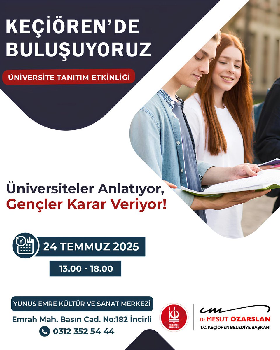 Hayallerindeki üniversiteye bir adım daha yaklaşmak isteyen gençlerimizi, Ankara’da bulunan devlet ve vakıf üniversiteleri ile Keçiören’de buluşturuyoruz. 

📅 24 Temmuz Perşembe
🕐 13.00 – 18.00
📍 Yunus Emre Kültür ve Sanat Merkezi

Üniversite Tanıtım Günü'müze tüm gençlerimizi