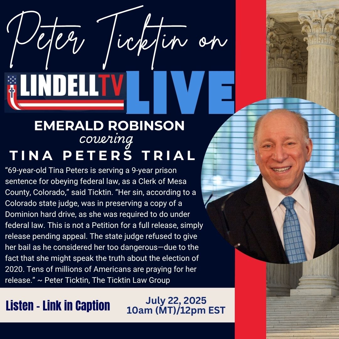 PeterTicktin's tweet image. Join Peter Ticktin LIVE for an explosive interview about Tina Peters on this afternoon’s Emerald Robinson Show!
Time: 10am MT/12pm ET
Watch LIVE: lindelltv.com
Peter Ticktin arguing for her freedom in Denver, Colorado at the Alfred A. Arraj U.S. Courthouse today.