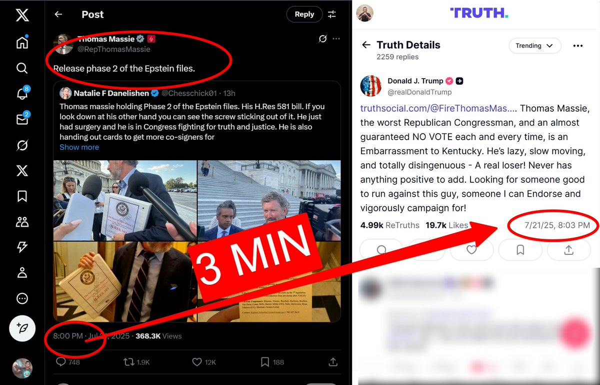 Kramaramb's tweet image. Even the most ardent of MAGA supporters must see something here, right?
3 minutes after Massie calls for the release of phase 2, Trump goes nuclear on him?
You guys can't keep feigning ignorance.