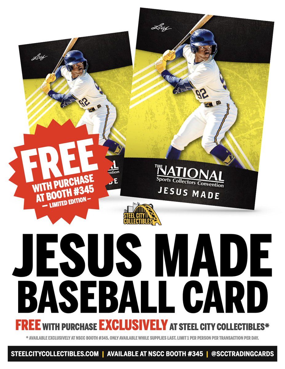 SCCTradingCards's tweet image. 🚨 BREAKING 🚨
Steel City Collectibles has partnered with @Leaf_Cards to create an exclusive JESUS MADE TRADING CARD for everyone who shops at our booth this year at the @nsccshow!
These are EXCLUSIVE to our NSCC Booth (#345) and are FREE with ANY PURCHASE while supplies last!