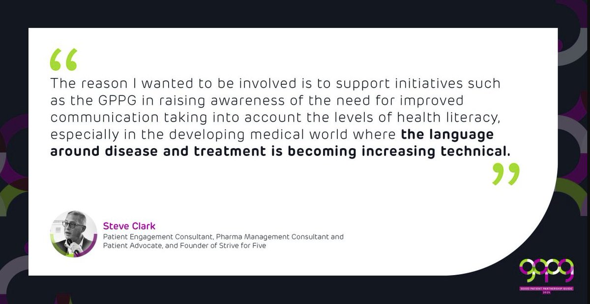 Proud to have been involved in the GOOD PATIENT PARTNERSHIP GUIDE, a great initiative to encourage pharma to work with patients to help improve health literacy - critically important to help set patients up for treatment success

precisionaq.com/en-gb/good-pat… 

#RepresentingPatients