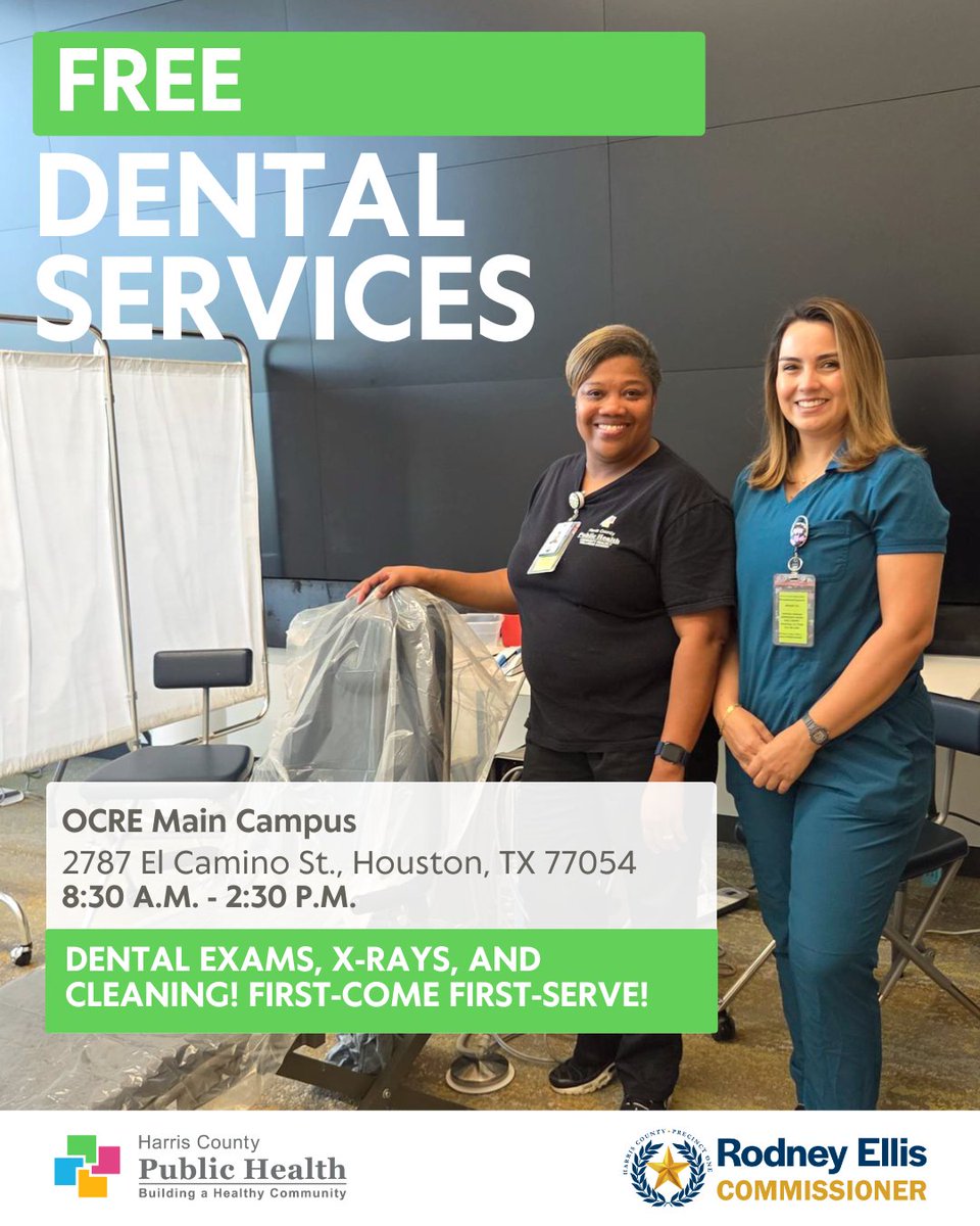 Harris County Public Health #GetVaxxed (@hcphtx) on Twitter photo 🦷 Smile Big, Harris County! FREE Dental Screenings Start Today! ✨
Harris County Public Health, in partnership with Precinct 1, is offering free dental health screenings for the community — and you're invited! 
📅 When: July 22–24, 2025
⏰ Time: 8:30 AM – 2:30 PM
📍 Where: 🦷 Smile Big, Harris County! FREE Dental Screenings Start Today! ✨
Harris County Public Health, in partnership with Precinct 1, is offering free dental health screenings for the community — and you're invited! 
📅 When: July 22–24, 2025
⏰ Time: 8:30 AM – 2:30 PM
📍 Where: