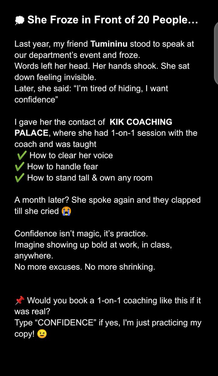 AdesusiTemitop4's tweet image. Day 22 of 45days copywriting challenge.

This copy is created as part of my challenge, using storytelling to showcase how I&apos;m progressing. And talk about FICTIONAL 1-on-1 Coaching Confidence.

#CopywritingChallenge #Storytelling #coaching