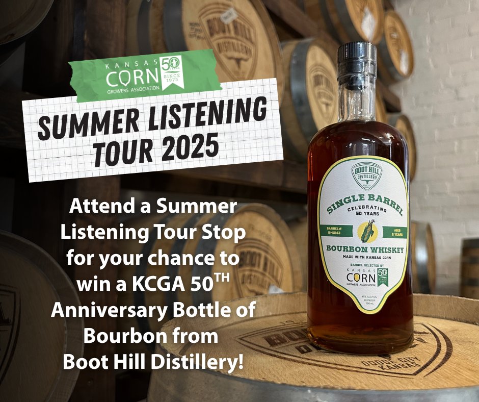 kscorn's tweet image. 🥃 Want to get your hands on a limited-edition KCGA 50th Anniversary bottle of bourbon?
Join us at a Kansas Corn Listening Tour stop for your chance to win! 🎉
✅ Get the details and register now at kscorn.com/tour
#KSCorn #KCGA50 #BourbonGiveaway #ListeningTour