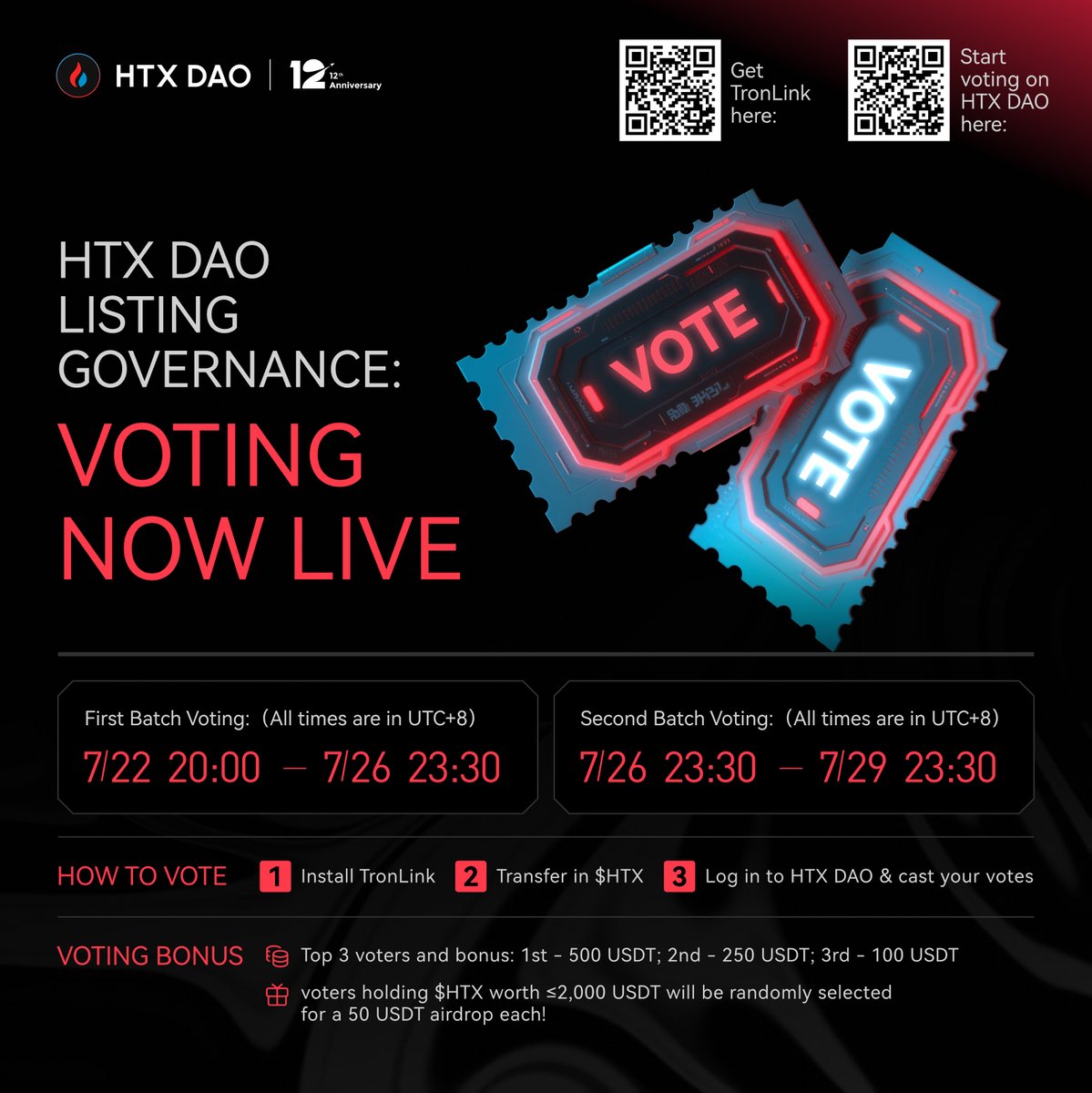 🚀 HTX DAO Listing Governance Voting Countdown Starts!

📅 First Batch Voting Time:
July 22, 20:00 — July 26, 23:30 (UTC+8)
📅 Second Batch Voting Time:
July 26, 23:30 — July 29, 23:30 (UTC+8)

💡 How to Participate:
Install the TRONLINK wallet
Transfer $HTX
Log in to the HTX DAO