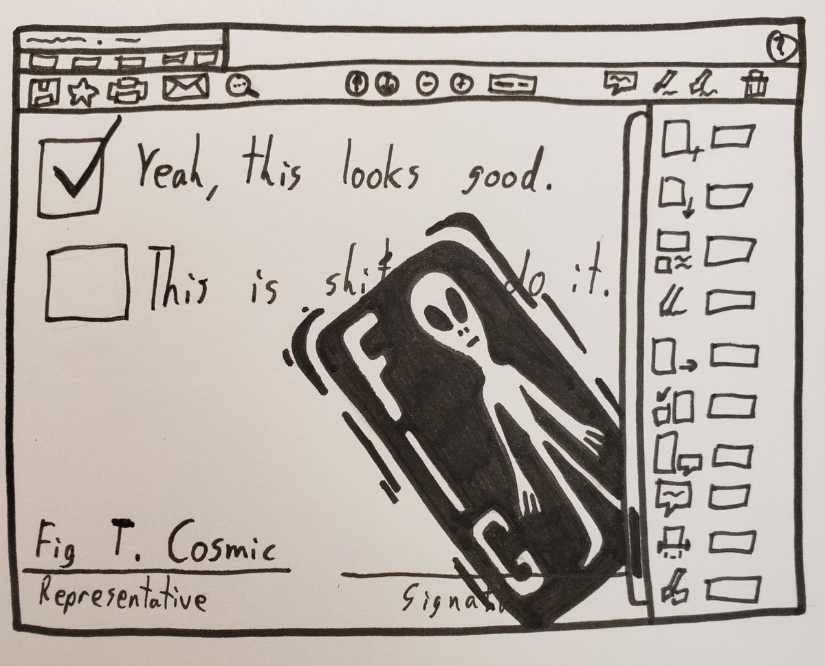 FigTheCosmic's tweet image. I have to sign PDFs sometimes at my job, and our signature blocks are boring! Sterile! They should let me upload some sort of digital stamp for my signature. Concept art for this