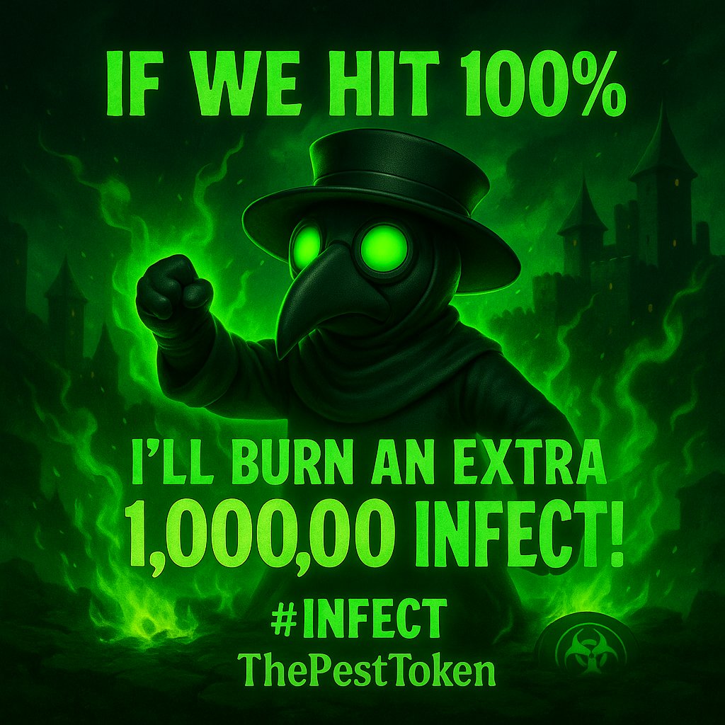 ThePestToken's tweet image. If we hit 100% of the Bonding Curve by July 31,
💣 I’ll burn an EXTRA 1,000,000 $INFECT!
Let’s end this month in flames! ☣️🧪

#INFECT #ThePestToken #BurnIt #Worldchain #EVENT #crypto @worldcoinfnd @CultWLD_real @PufLaunch