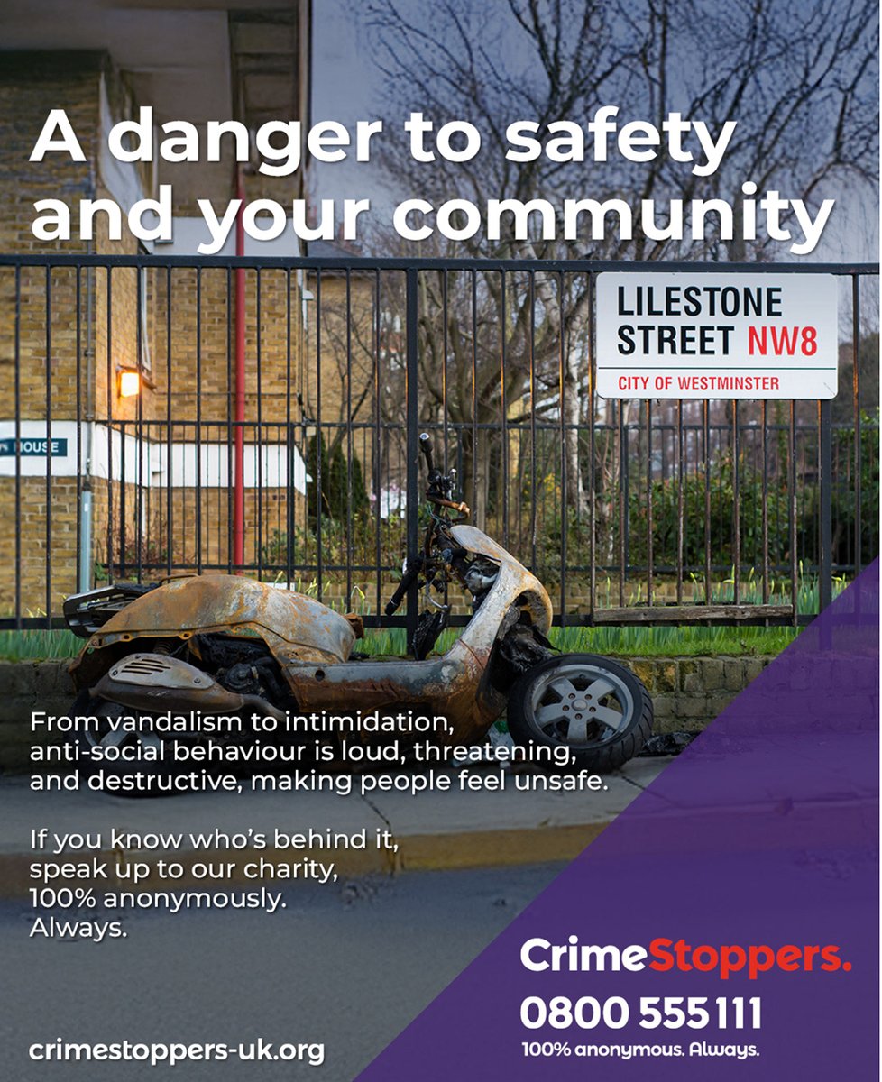 MPSGreenwich's tweet image. Anti-social behaviour is a threat to your community.
🔥 Vandalism
😠 Intimidation
🚫 Destruction
Know who’s behind it? Report to @CrimestoppersUK – 100% anonymously.
📞 0800 555 111
🔗 crimestoppers-uk.org
#StopASB #CrimestoppersUK