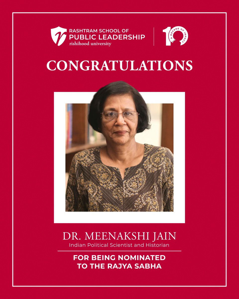 Rashtram School of Public Leadership, RU (@rashtramspl) on Twitter photo Rashtram School of Public Leadership at Rishihood University congratulates the renowned historian and academician, <a href="/IndicMeenakshi/">Meenakshi Jain</a> Jain, on her nomination to the Rajya Sabha.
A scholar of exceptional depth and clarity, Dr. Jain has made remarkable contributions to the fields of Rashtram School of Public Leadership at Rishihood University congratulates the renowned historian and academician, <a href="/IndicMeenakshi/">Meenakshi Jain</a> Jain, on her nomination to the Rajya Sabha.
A scholar of exceptional depth and clarity, Dr. Jain has made remarkable contributions to the fields of