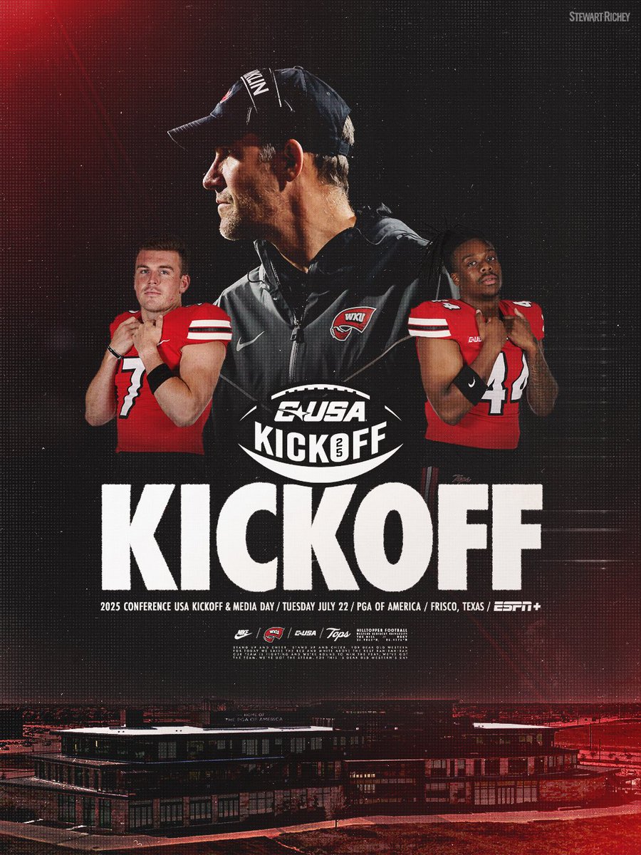 WKUFootball's tweet image. CUSA Kickoff is Here ๐
Tune in at 12:25 PM CT to see @Coach_Helton, @MaverickMcIvor and @harp_1k on ESPN+!
#GoTops | @ConferenceUSA