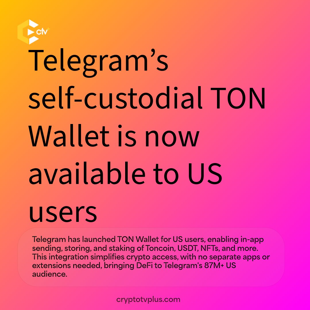 Cryptotvplus's tweet image. Telegram’s self-custodial TON Wallet is now available to US users, giving crypto access without leaving your chat.