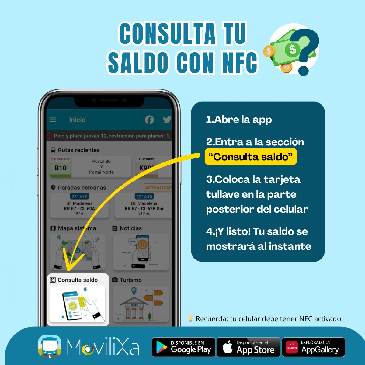 Tu saldo, al instante 😎
Ve a Consulta saldo, pon tu tarjeta detrás del celular y listo. ¡Así de fácil con NFC! 📲💳

#tullave #trasnmilenio #movilidadbogotá #trasnmisitp #SITP
