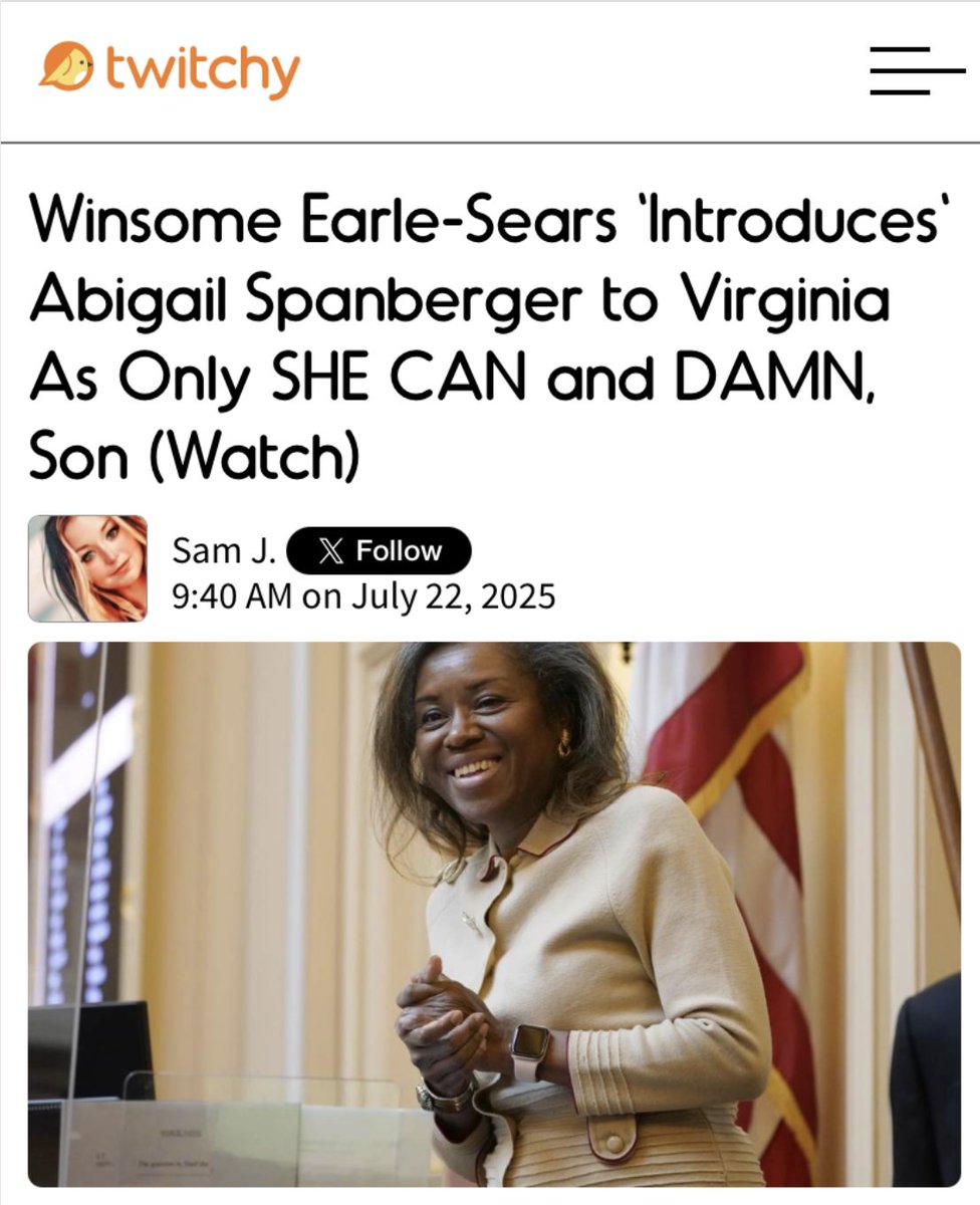 TwitchyTeam's tweet image. Love. Her. LET'S GO, VIRGINIA!
Winsome Earle-Sears 'Introduces' Abigail Spanberger to Virginia As Only SHE CAN and DAMN, Son (Watch)
twitchy.com/samj/2025/07/2…