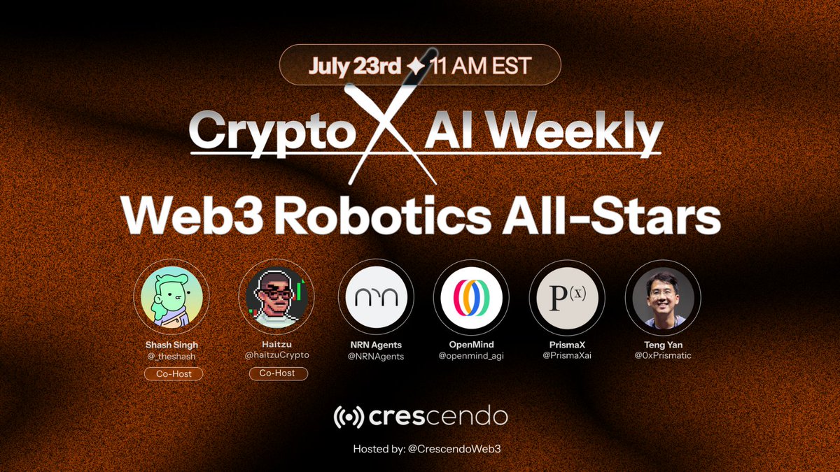 Crescendo (@crescendoweb3) on Twitter photo Why is Nobody Talking About This? - Robotics as the Next Frontier!
Join us on this weeks space and lets deep dive with our amazing guests: <a href="/NRNAgents/">NRN Agents</a> <a href="/openmind_agi/">OpenMind</a> <a href="/PrismaXai/">PrismaX</a> <a href="/0xPrismatic/">Teng Yan · 30 days of COT</a>
📅 23rd July 11AM EST
👉 x.com/i/spaces/1OdKr…
Hosted by <a href="/Web3WithMark/">Web3 with Mark</a>, <a href="/_theshash/">Shash Singh 🔮</a>, Why is Nobody Talking About This? - Robotics as the Next Frontier!
Join us on this weeks space and lets deep dive with our amazing guests: <a href="/NRNAgents/">NRN Agents</a> <a href="/openmind_agi/">OpenMind</a> <a href="/PrismaXai/">PrismaX</a> <a href="/0xPrismatic/">Teng Yan · 30 days of COT</a>
📅 23rd July 11AM EST
👉 x.com/i/spaces/1OdKr…
Hosted by <a href="/Web3WithMark/">Web3 with Mark</a>, <a href="/_theshash/">Shash Singh 🔮</a>,