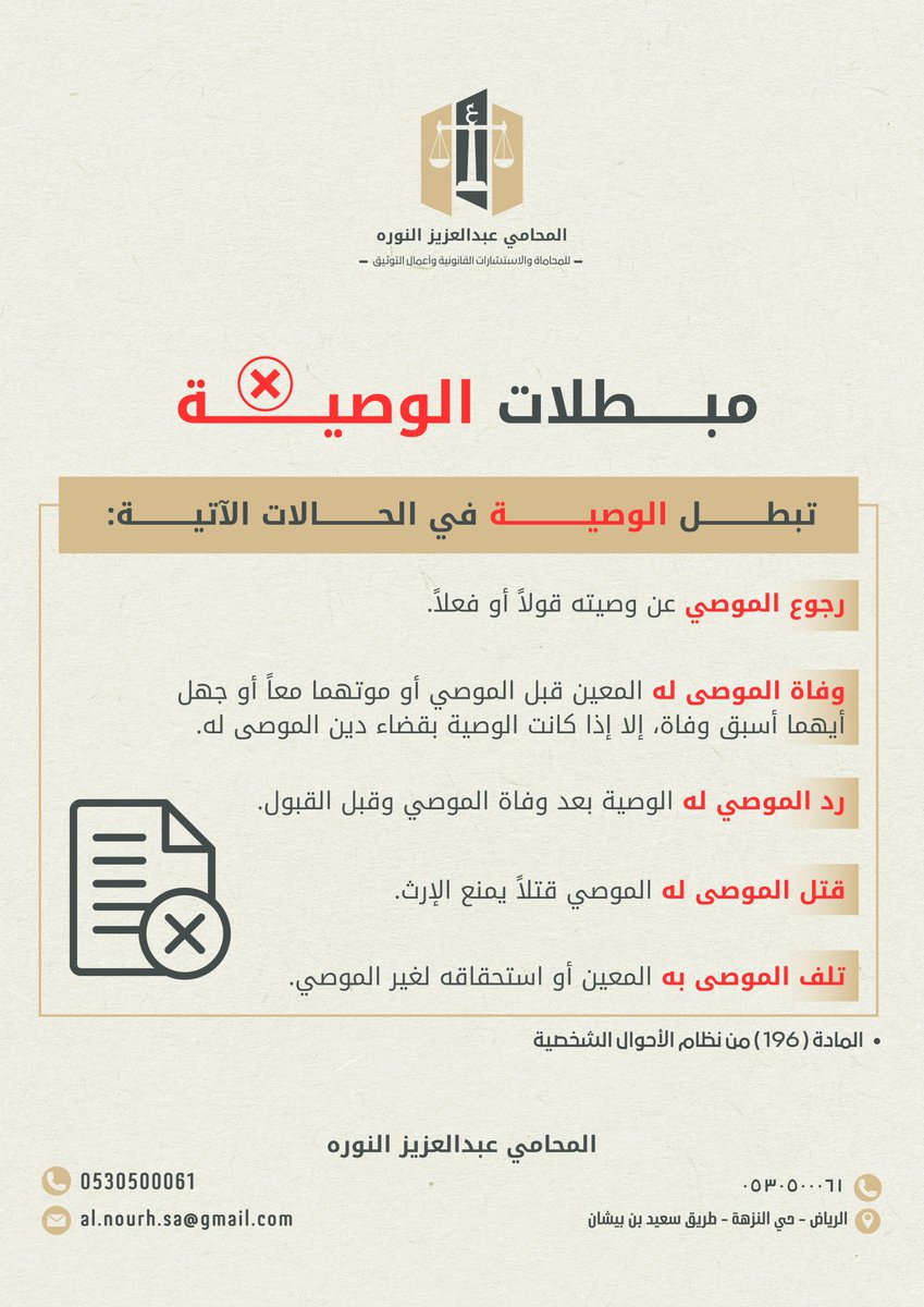 ⚠️ متى تبطل الوصية؟
المادة (196) من نظام الأحوال الشخصية السعودي حددت حالات تبطل فيها الوصية، وهي: